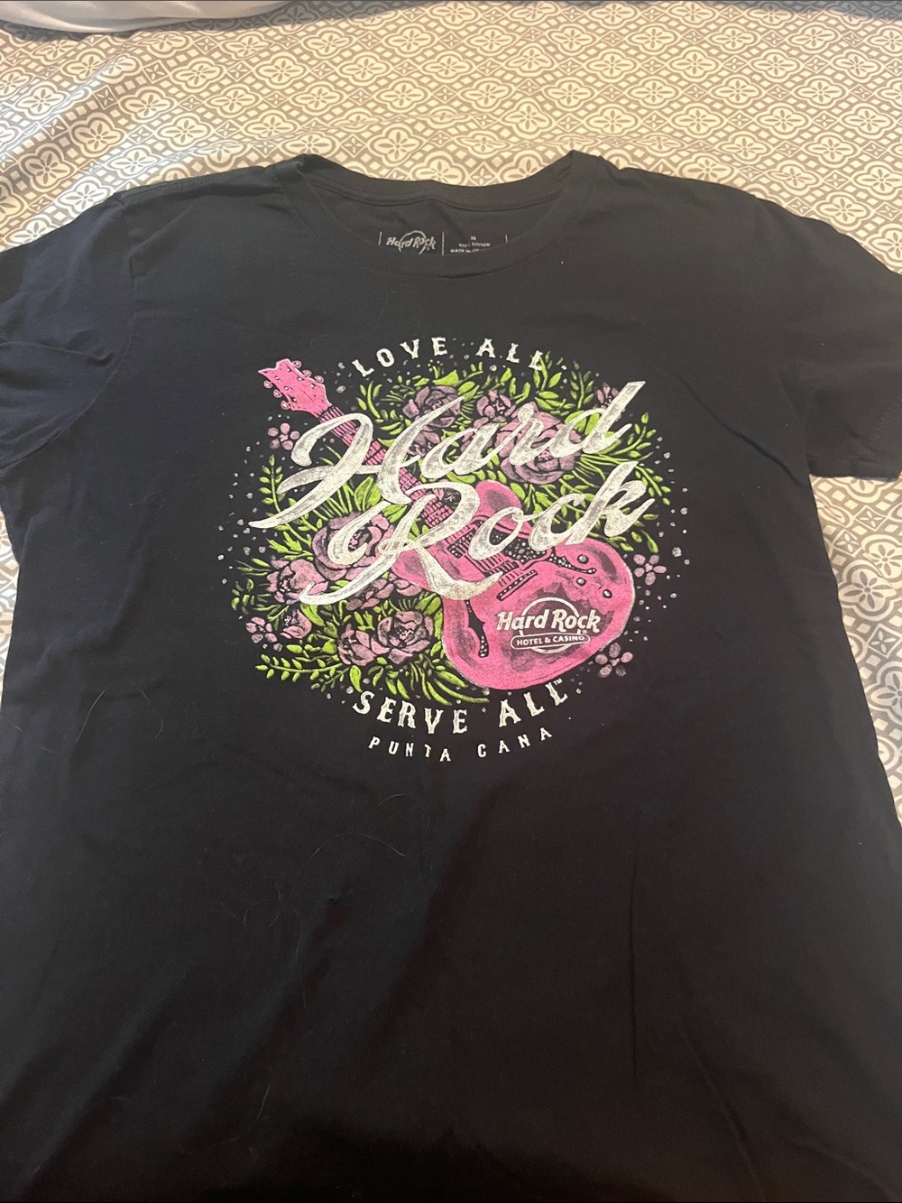 Hard Rock Cafe Black Tee with Pink Floral Guitar Graphic
